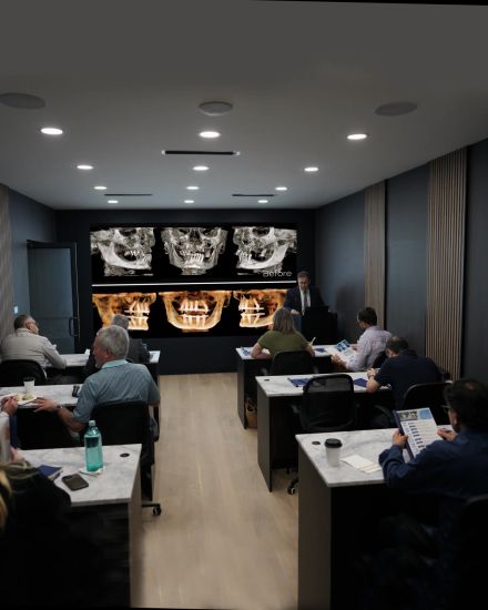Dentists in the OsseoPure classroom reviewing a full-arch case on the CBCT wall.