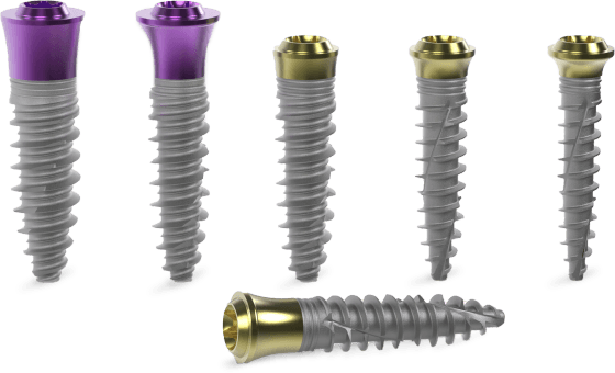 Five Pilaster implants with gold and purple collars and one lying on its side.